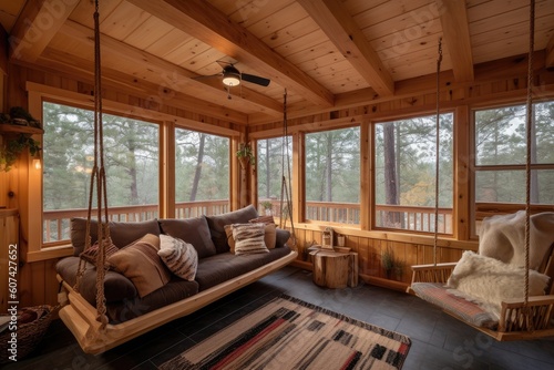 cozy cabin retreat with porch swing and view of the forest, created with generative ai