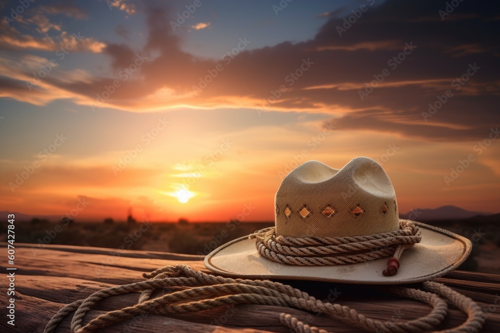 iconic cowboy hat, rope and lasso against sunset sky, created with