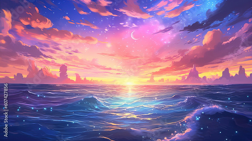 Scene of ocean with stars in the sky painting