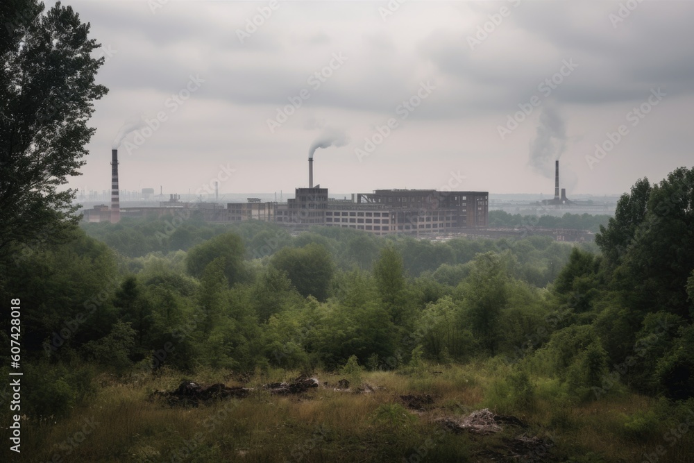 landscape, with view of factory smoke stacks and smoggy skies, created with generative ai