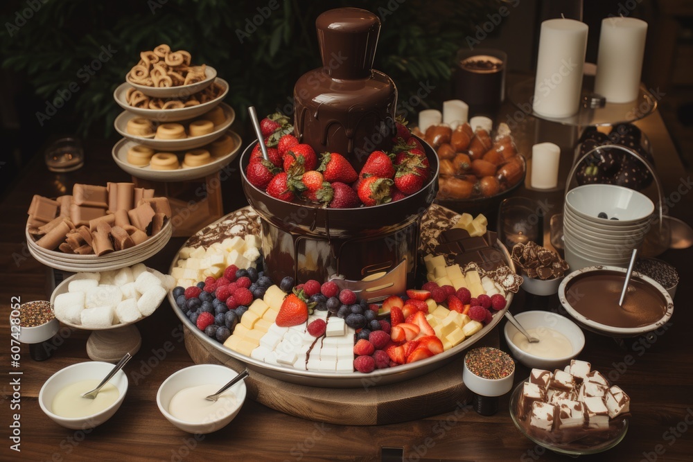 chocolate fountain with a variety of chocolate treats, including fruits and marshmallows, for dipping, created with generative ai
