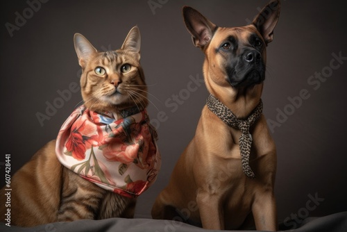 feline and canine designers working together to create new and innovative designs for their latest collections  created with generative ai