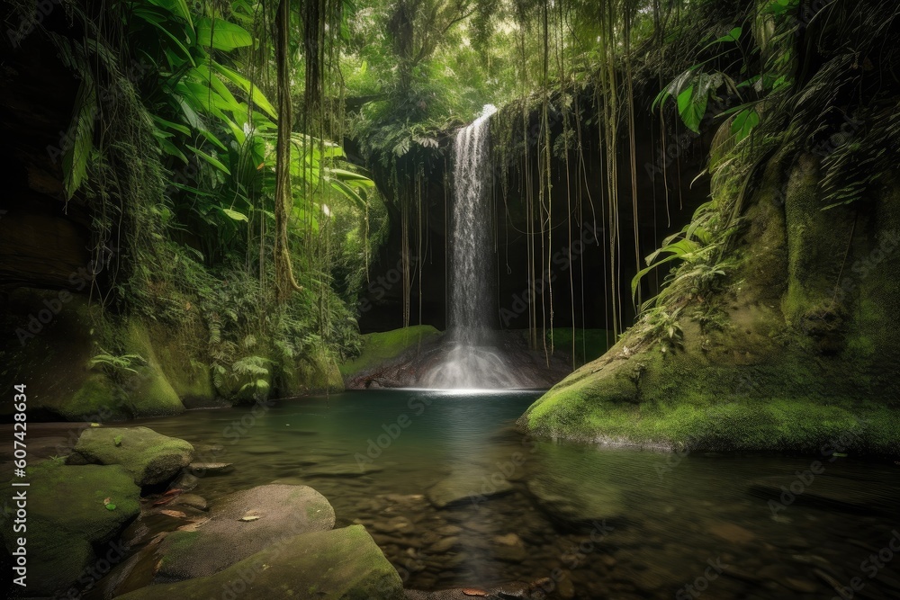 majestic waterfall cascading into jungle pool, created with generative ai majestic waterfall cascading into jungle pool, created with generative ai