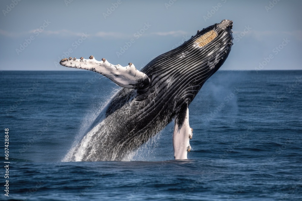Fototapeta premium a humpback whale breaching in the ocean, created with generative ai