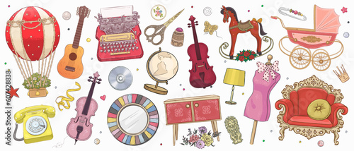 Set of hand drawn retro object isolated on background. Vector illustration of hot air balloon, baby carriage, rocking horse, furniture, violin, guitar, typewriter