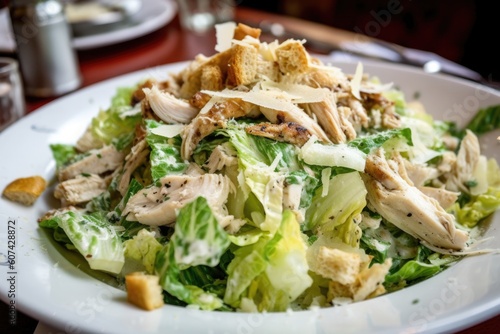 luscious chicken caesar salad, with freshly cooked and shredded chicken on top, created with generative ai