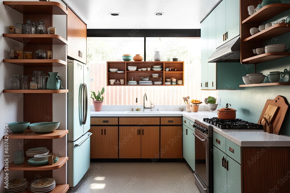 mid-century modern kitchen, with sleek and clean lines, open shelving, and an assortment of chef tools, created with generative ai mid-century modern kitchen, with sleek and clean lines, open shelving, and an assortment of chef tools, created with generative ai