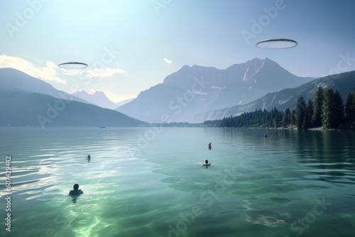 group of aliens swimming in crystal-clear lake, with majestic mountains visible in the background, created with generative ai