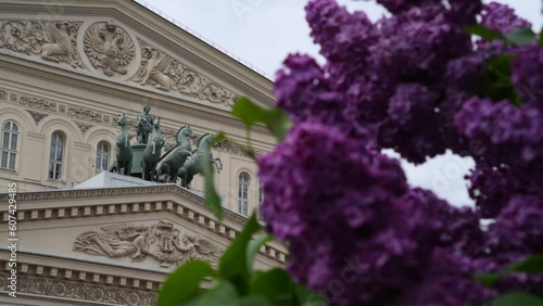 Quadriga sculpture on facade of Bolshoi Theatre building in Moscow in the background. Blurred purple lilac flowers in the foreground. Soft focus. Handheld video. Russian culture theme.