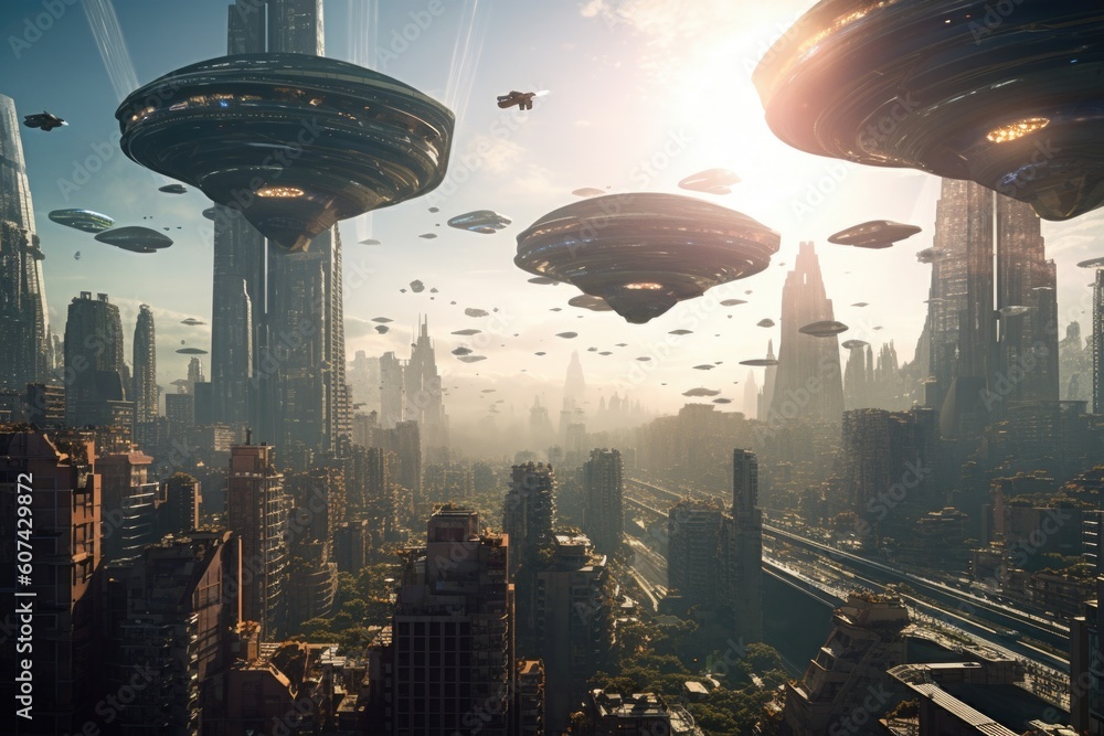 spaceship hovering over futuristic city, with alien commuters on their way to work, created with generative ai