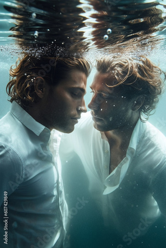 Tender kiss of two Caucasian young men standing side by side in a lake in white shirts . Generative AI