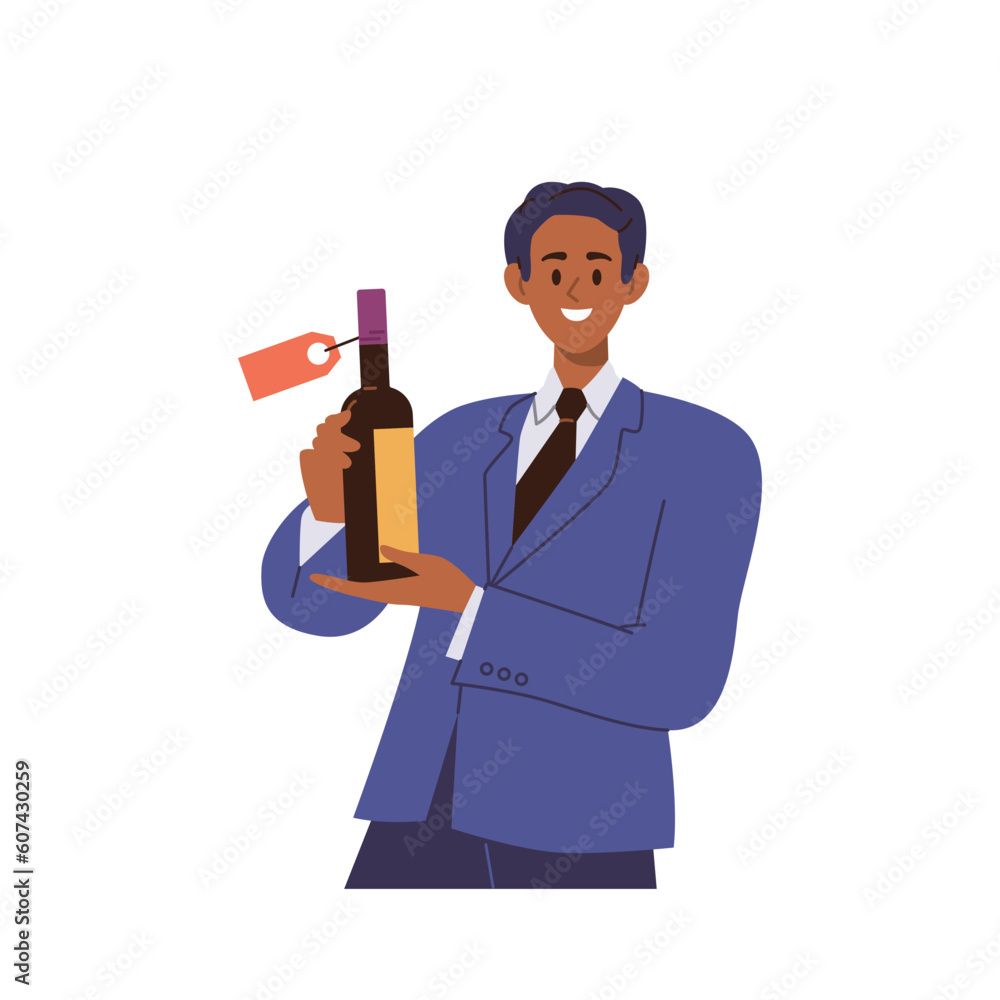 Man sommelier, salesman or restaurant waiter holding bottle presenting high quality natural wine