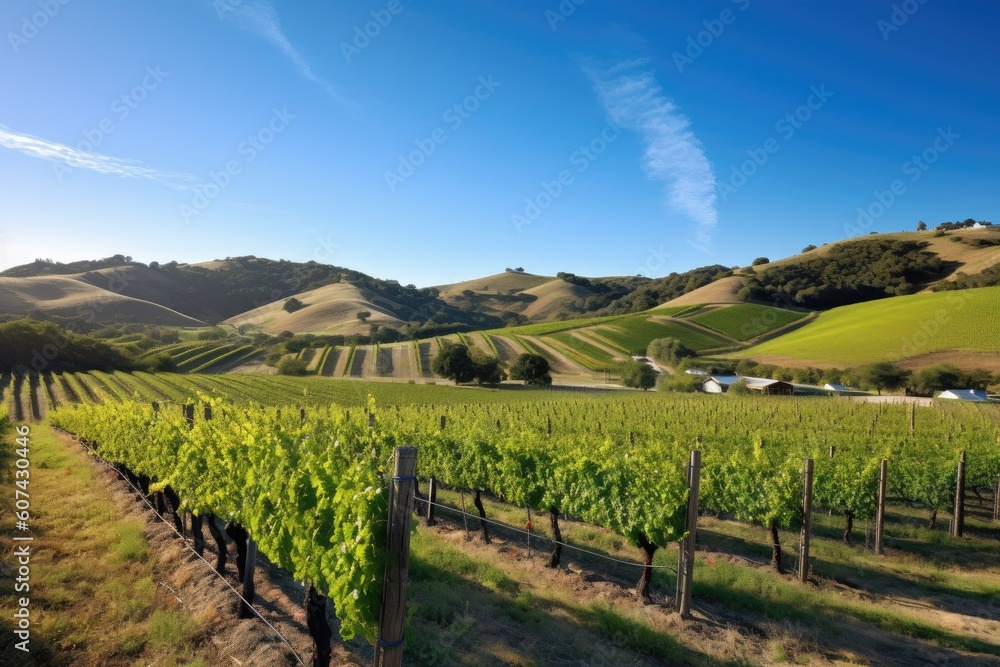 vineyard surrounded by rolling hills and clear blue sky, created with generative ai