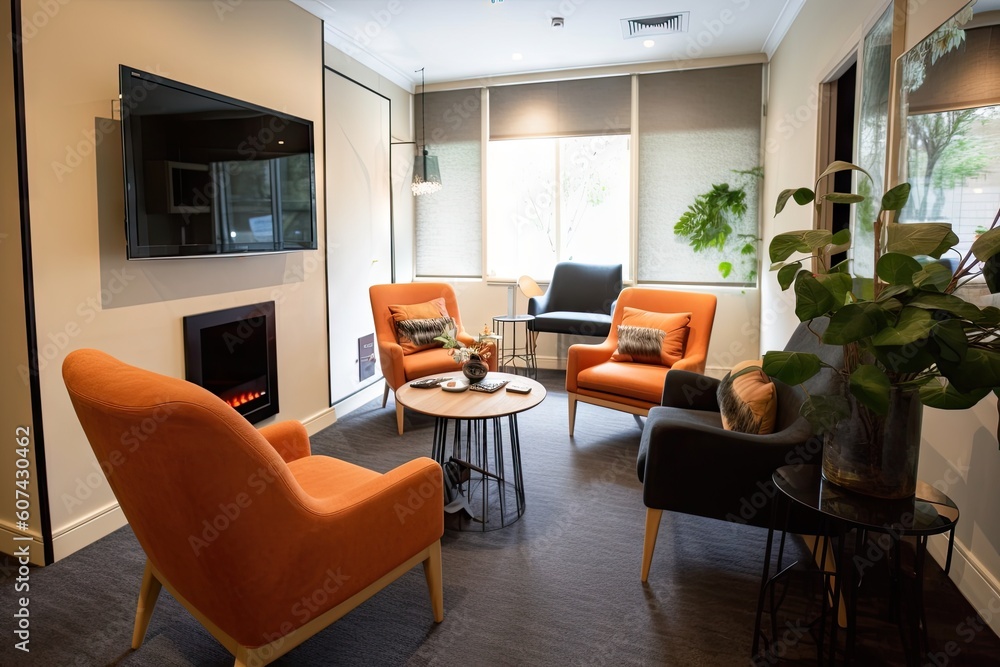 a lounge room with cosy armchairs and a large screen tv, perfect for video conferencing, created with generative ai a lounge room with cosy armchairs and a large screen tv, perfect for video conferencing, created with generative ai
