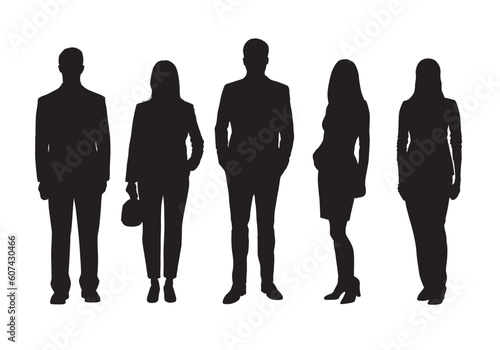 Group of business people, men and women, set of isolated vector silhouettes. Businessmen and businesswomen standing
