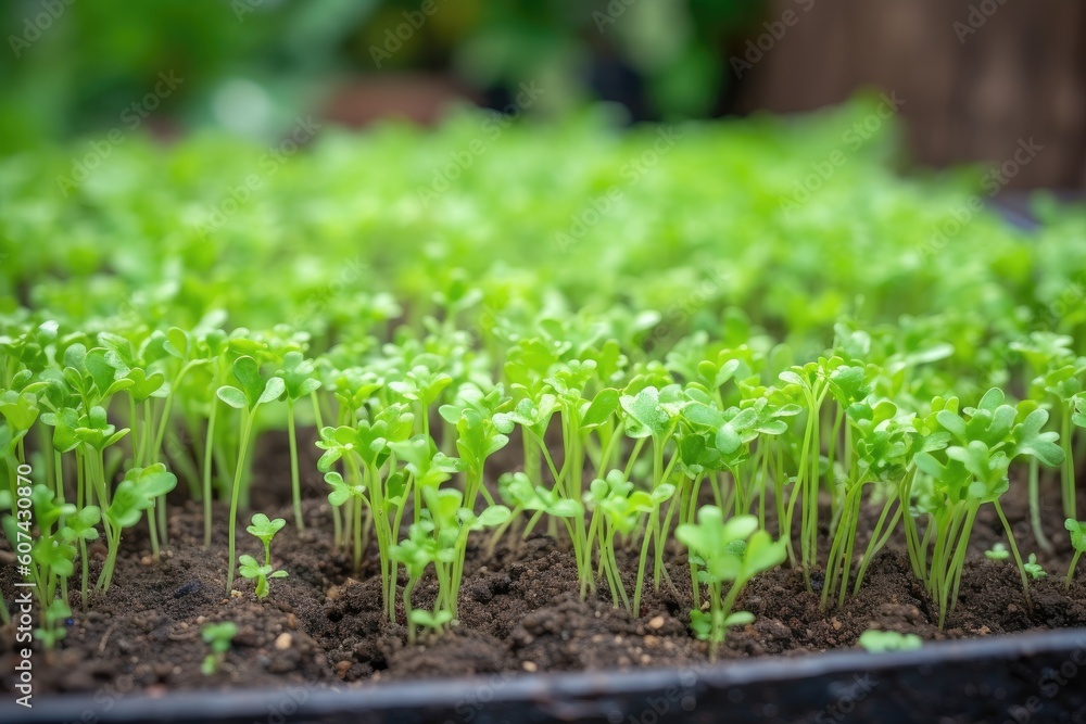 close-up of sprouting seedlings in garden bed, created with generative ai close-up of sprouting seedlings in garden bed, created with generative ai