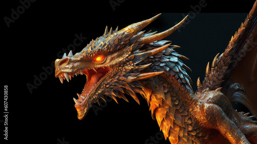 Portrait of a fire-breathing dragon on a black background