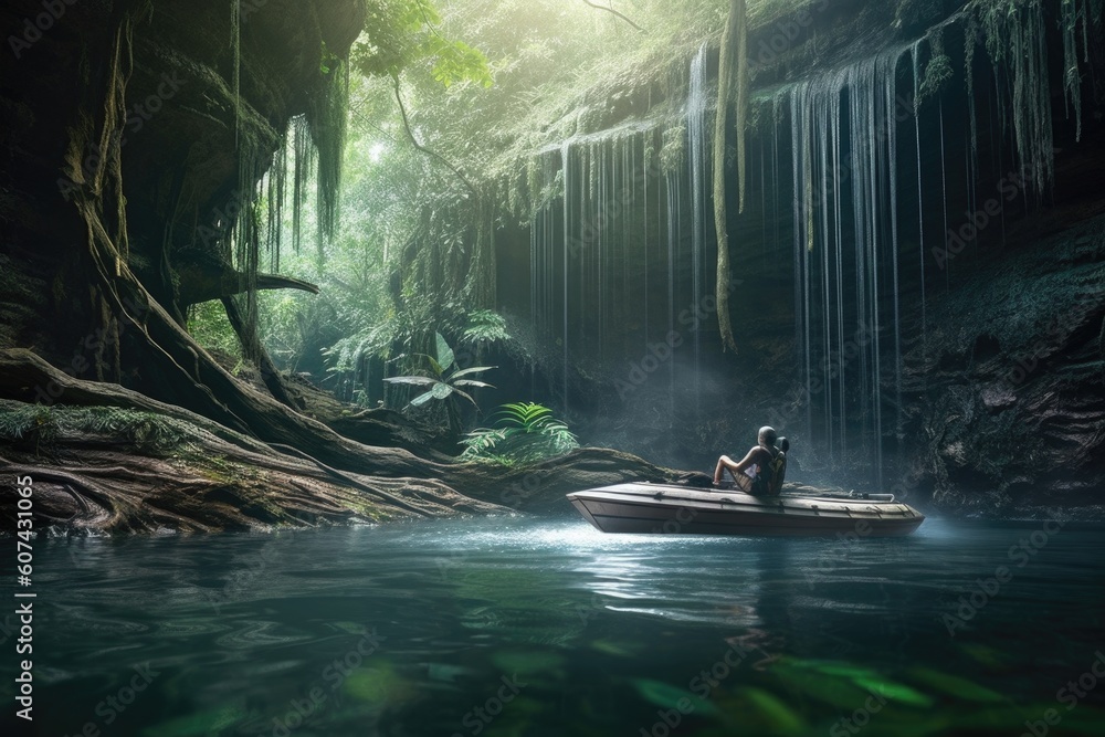alien in boat, exploring the waterfalls of a tropical jungle, created ...