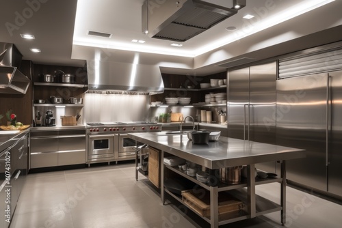custom-built cooking station with sleek stainless steel countertop, range and oven, created with generative ai