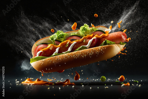 Hot dog with flying ingredients on black background. Fast food concept. created with generative AI
