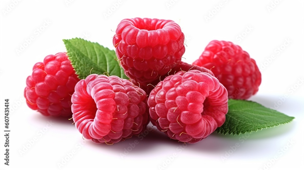 ripe raspberries isolated on white background close up. Generative AI ripe raspberries isolated on white background close up. Generative AI