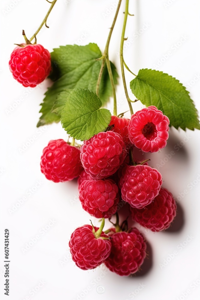 ripe raspberries isolated on white background close up. Generative AI ripe raspberries isolated on white background close up. Generative AI