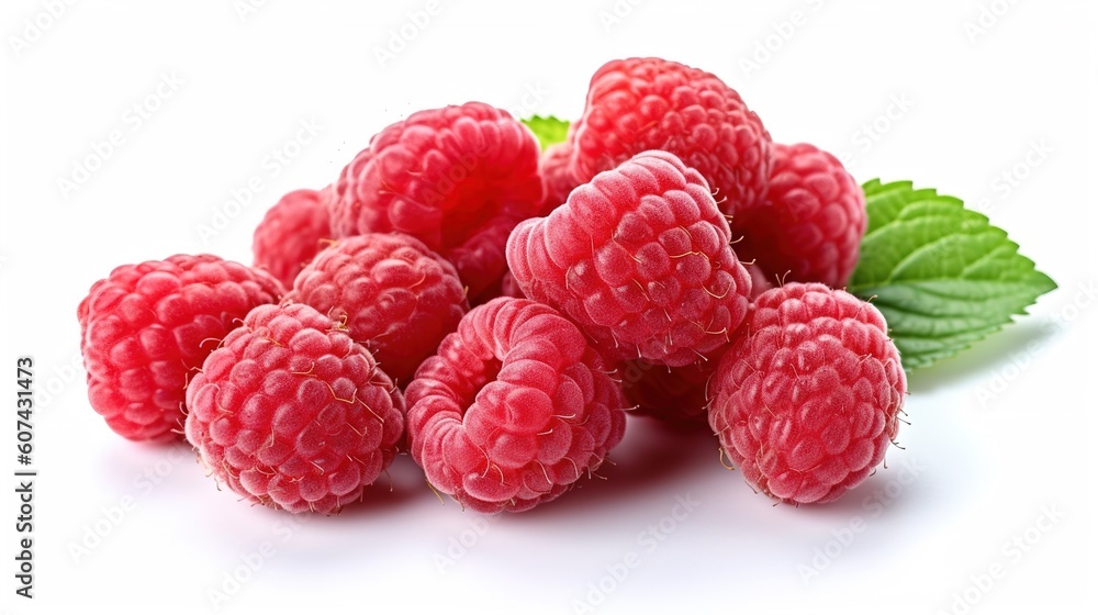 ripe raspberries isolated on white background close up. Generative AI ripe raspberries isolated on white background close up. Generative AI