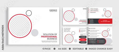 corporate 4 page landscape brochure template, business booklet brochure design, modern layout bifold annual report brochure template