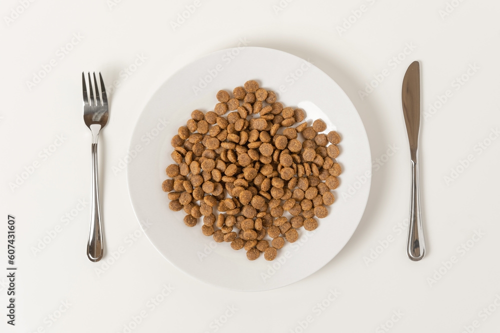 Dry animal food in a white ceramic plate served with knife and fork on a beige neutral studio background. Cat or dog food. Creative funny image for ad of pet products. Top view, flat lay, copy space Dry animal food in a white ceramic plate served with knife and fork on a beige neutral studio background. Cat or dog food. Creative funny image for ad of pet products. Top view, flat lay, copy space