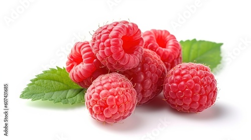 ripe raspberries isolated on white background close up. Generative AI
