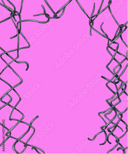 Hand drawn sketch torn iron mesh fence. Grunge style backgrounds. Vector art illustration. 