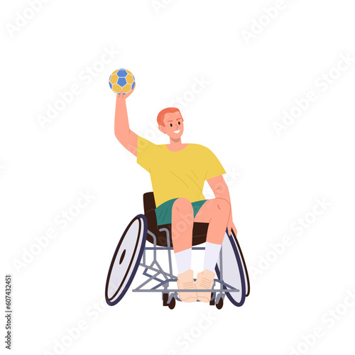Young sportsman character sitting in wheelchair playing volleyball enjoying tournament activity