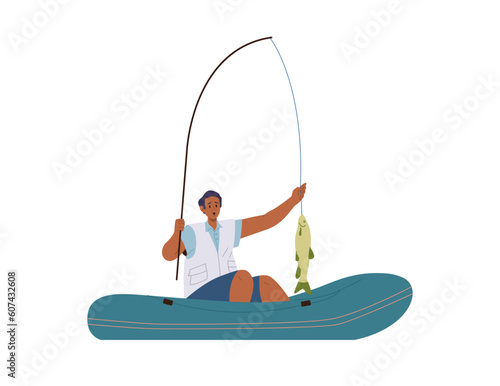 Young shocked surprised fisher man character catching huge fish on rod while fishing in boat