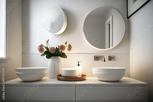 a sleek  modern bathroom with a round white wash basin and minimalist finishes  created with generative ai