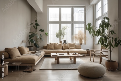 clutter-free living room with minimalist decor and lots of natural light  created with generative ai