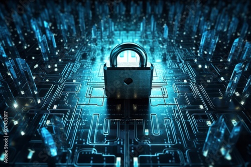An image representing cybersecurity with elements like digital locks, shields, or binary codes, symbolizing the importance of protecting digital information and privacy. Generative AI