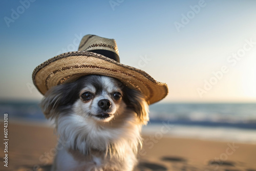 Small cute dog wearing summer straw hat on sandy beach with ocean and blue sky in background