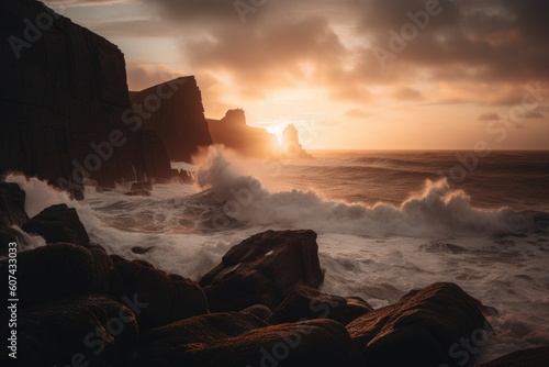 dramatic sunset over towering cliffs, with waves crashing against the rocks, created with generative ai