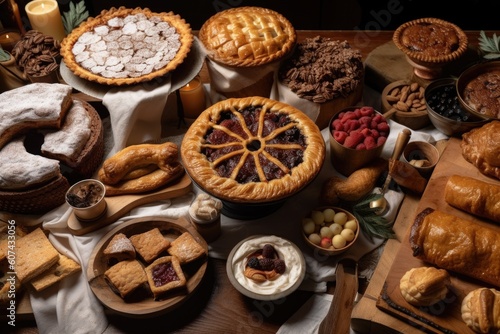 an array of pastries, pies, and other baked goods for the holidays, created with generative ai © altitudevisual