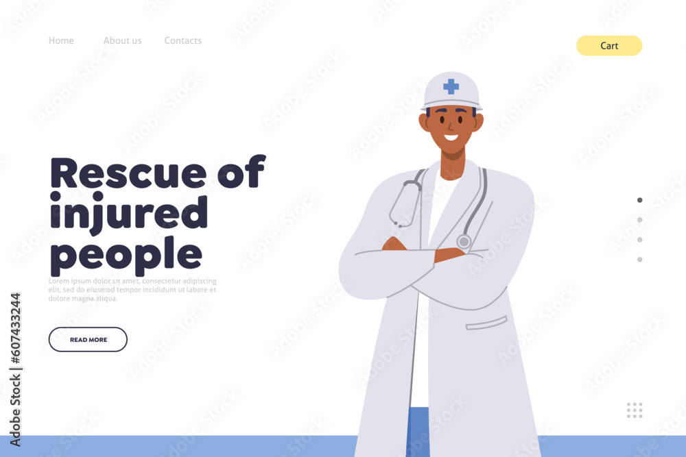Rescue of injured people landing page design template with happy friendly smiling doctor medic Rescue of injured people landing page design template with happy friendly smiling doctor medic