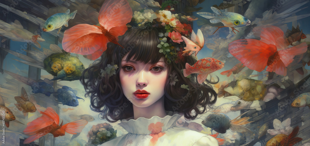 colorful illustration of asian woman, ai generated colorful illustration of asian woman, ai generated