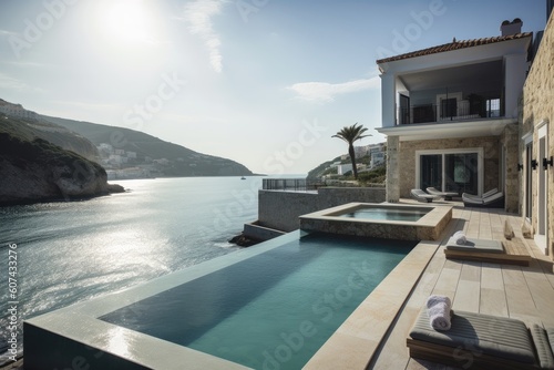 luxury vacation home, with infinity pool and private beach, in the mediterranean, created with generative ai © altitudevisual