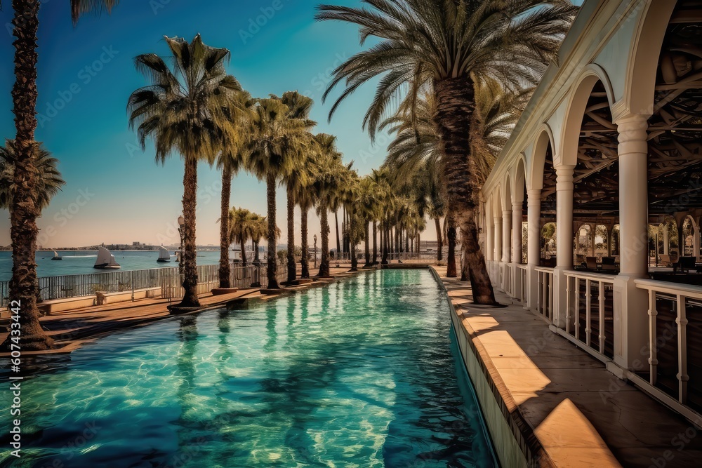 beautiful promenade with palm trees with swimming pools in the park by the sea. Generative AI 