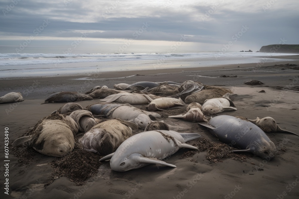 pile of dead marine mammals on shore, their bodies washed up by tide, created with generative ai pile of dead marine mammals on shore, their bodies washed up by tide, created with generative ai