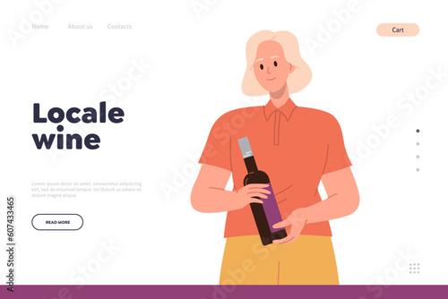 Local wine presentation landing page design template with cartoon woman buying alcoholic drink