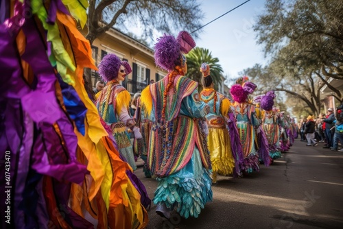 Foto mardi gras parade marching down the street, with colorful floats and costumes, c