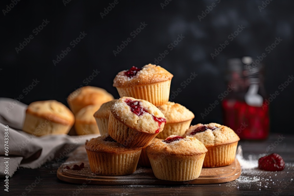 stack of freshly baked muffins with sweet strawberry jam, created with generative ai stack of freshly baked muffins with sweet strawberry jam, created with generative ai