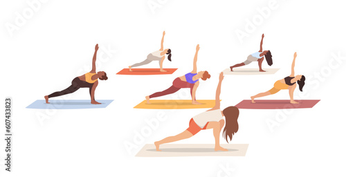Yoga class. Group of people practicing yoga with the yoga instructor. Vector illustration isolated on the white background