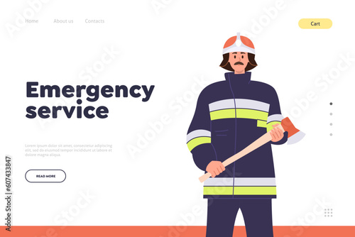 Emergency service landing page template for online fire department with professional fireman design