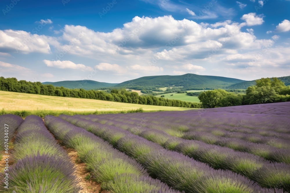 lavender field with rolling hills and a blue sky, created with generative ai